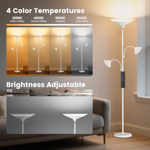 42W 3 Light Torchiere Floor Lamp (White)