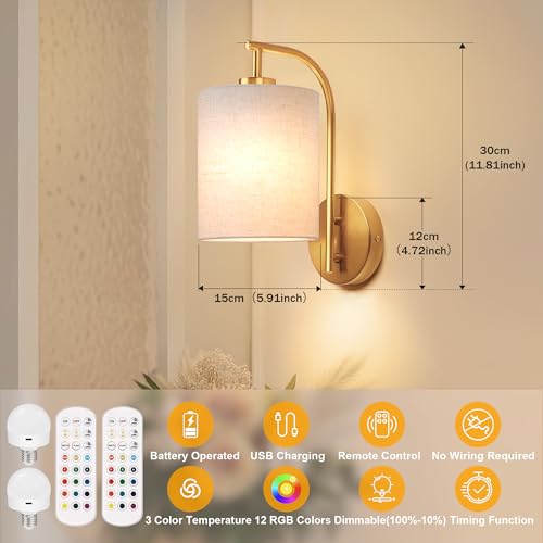 Battery Operated Wall Sconce Set of 2 (Gold / Linen / Large)