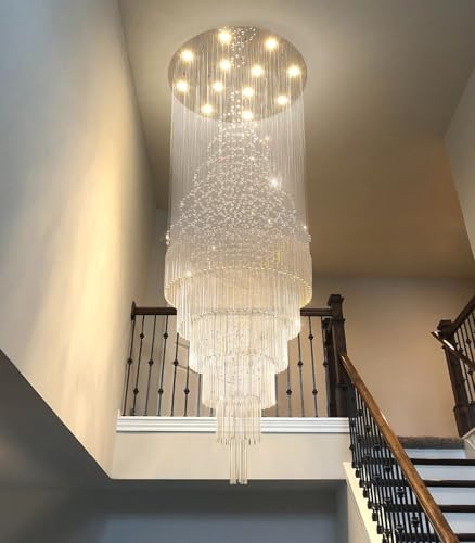 W32 x H100 Glam Chandelier with LED Bulbs Crystal Raindrop High Ceiling Pendant Light for Entrance Large Villa Chandelier Foyer Lighting Fixtures Silver (Silver / Round W32" X H100")