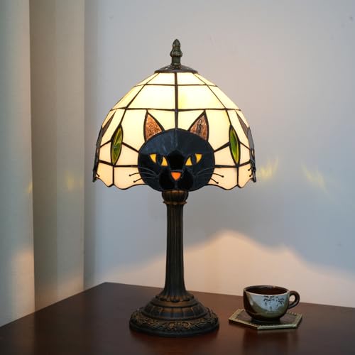Black Cat Style Stained Glass Tiffany Table Lamp Cute Small Quirky Table Lamp Bedroom Bedside lamp Living Room Dining Room Office Decoration Desk lamp Home Decoration Creative Gift Prop