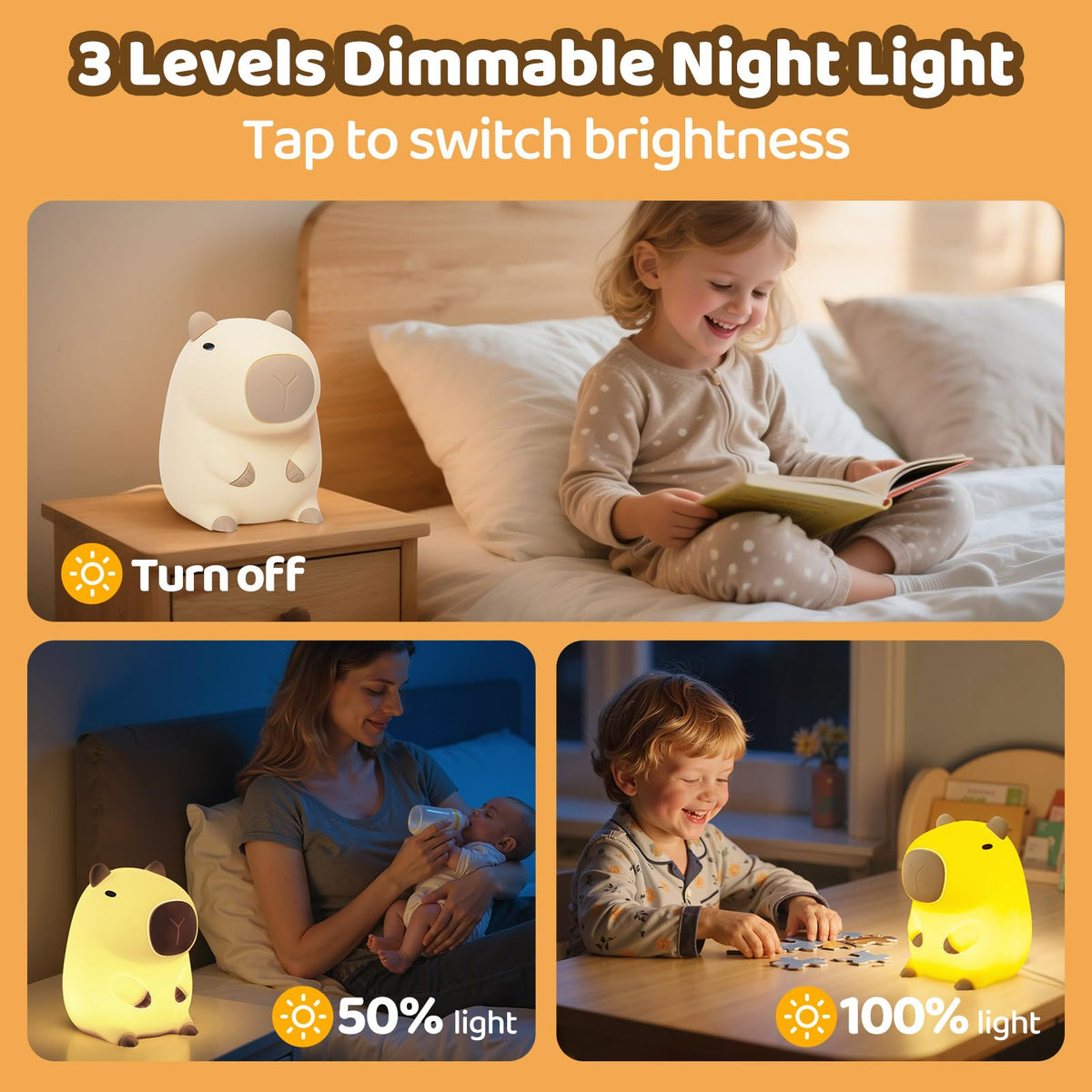 Huggwaii Squishy Capybara Night Light for Kids (Brown-1)