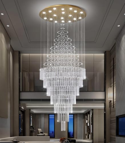 W40 x H120 Glam Chandelier with LED Bulbs Crystal Raindrop High Ceiling Pendant Light for Entrance Large Villa Chandelier Foyer Lighting Fixtures Gold (Gold / Round W40" X H118")