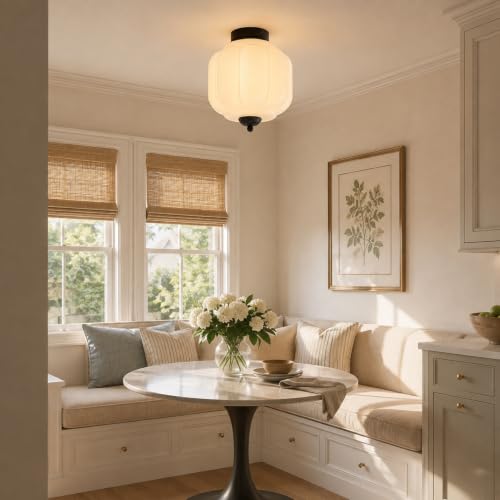 Vintage Pumpkin Milk Glass Semi Flush Mount Ceiling Light for Hallway (Black / 9.8in)