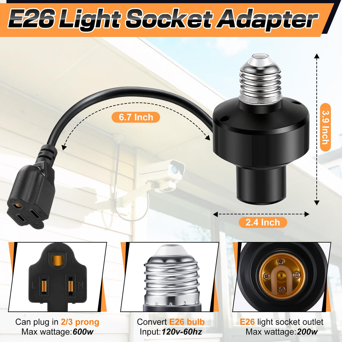 3 in 1 E26 Light Socket Outlet Adapter (Black)