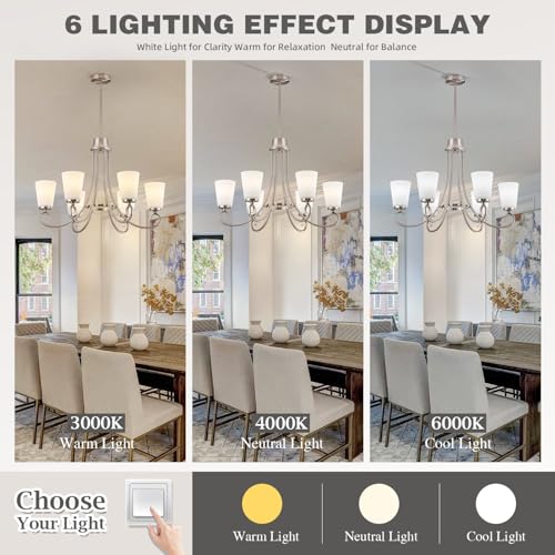 Brushed Nickel Farmhouse Chandelier Rustic Dinner Room Chandelier with Frosted Milky White Glass Lampshade Silver Durable Metal Ceiling Hanging Light Fixture for Kitchen Island Living Room Over Table (Brushed nickel -A)