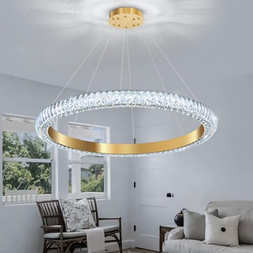 31.5" 1 Ring Crystal Chandelier Modern LED Dimmable Ring Pendant Light Chandelier for Dining Room Living Room Gold (Gold / 1 Ring Round 32")