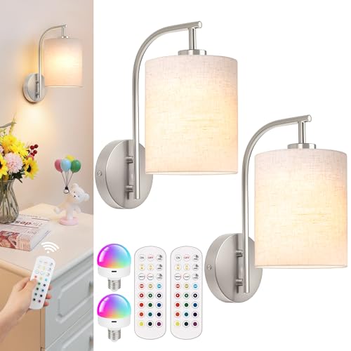 Battery Operated Wall Sconce Set of 2 (Brushed Nickel / Linen / Large)