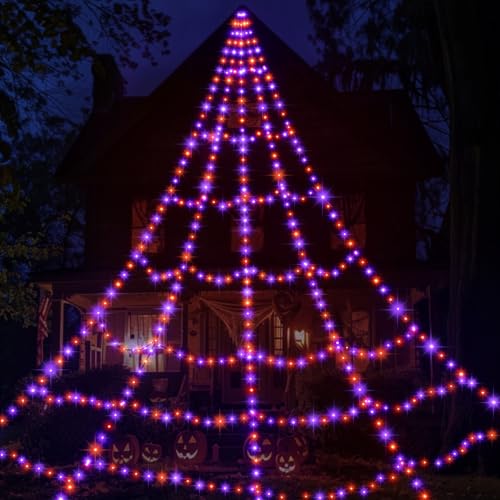 Halloween Spider Web Lights Spider Webs Halloween Decorations Outdoor with 59" Large Spider & 3.53oz Stretch Cobweb 16.4Ft Light Up Giant Spider Web with 8 Modes & Timer