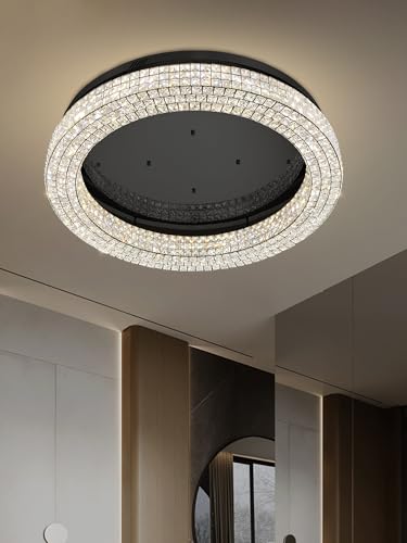 40'' Crystal Chandelier Light Fixture Large Chandelier for Living Room Crystal Flat Mounted Ceiling Lights Dining Room Bedroom Dimmable 2700 (Black / Dia 40inch)