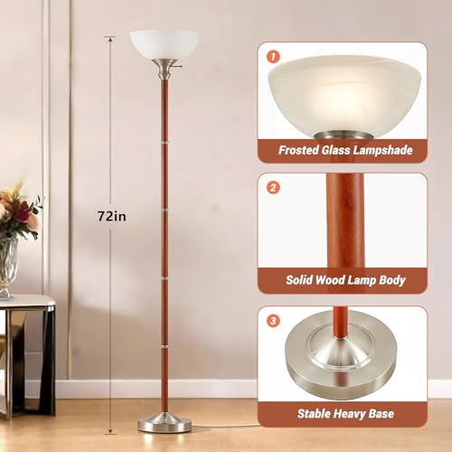 72" Wood Torchiere Floor Lamp with Glass Shade Nikel Standing Lamp (Brushed Nikel)
