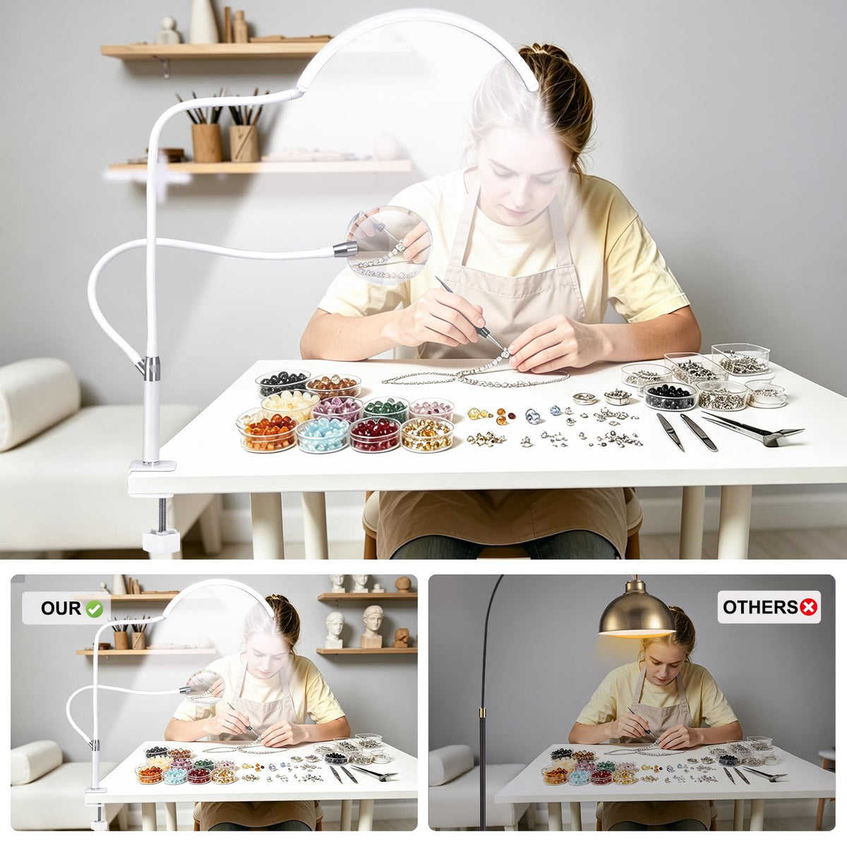 Half Moon Desk Lash Light with 4X Magnifier (White)