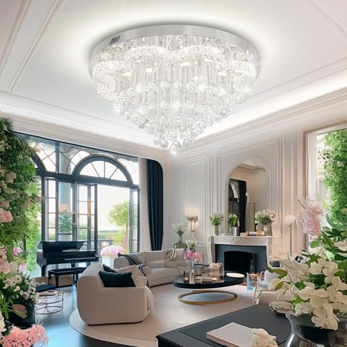 32in Modern Crystal Chandeliers for Living Room LED Crystal Ceiling Light Fixtures Flush Mount Chandelier Ceiling Chandelier for Bedroom Foyer Hallway Dining Room (Silver / 32inch)