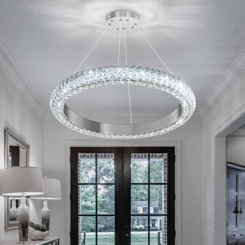 24" Ring Modern LED Dimmable Crystal Chandelier Adjustable Height Pendant Light Round Crystal Chandelier Light Fixtures for Dining Room Living Room Kitchen Island Silver (Silver / 1 Ring Round 24")
