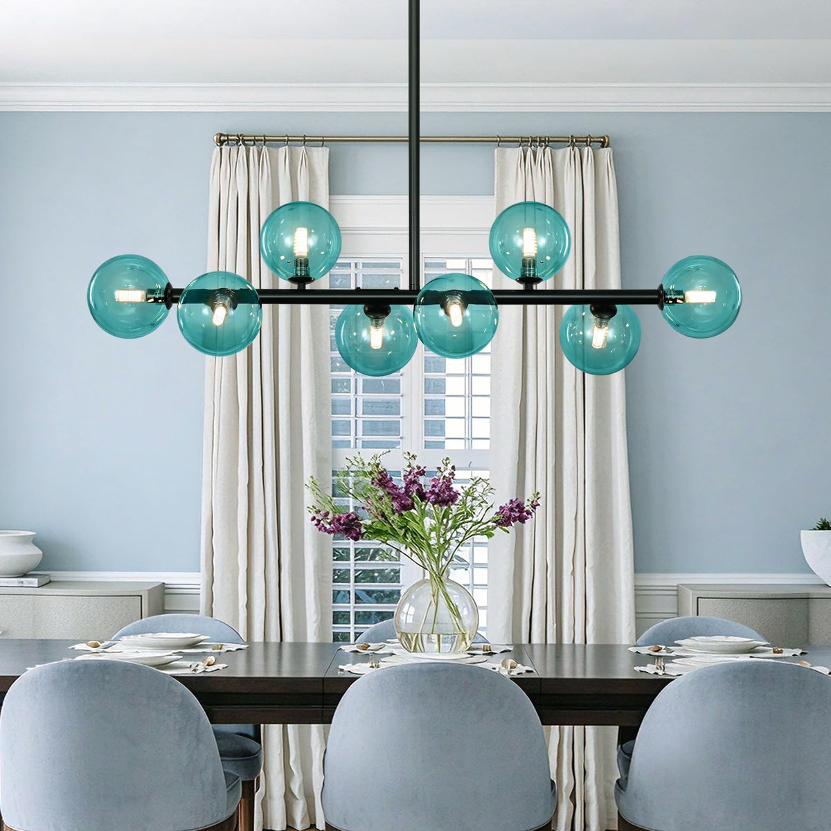Black Linear Chandelier (Black and Blue Shade / 37inch)