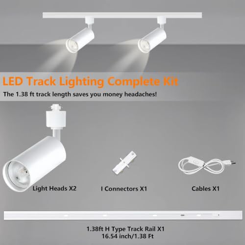 Plug in LED Track Lighting Kit H Type 3CCT 2PCS 10W White (White 3CCT / 2‑Light 1.4FT Track Kit)
