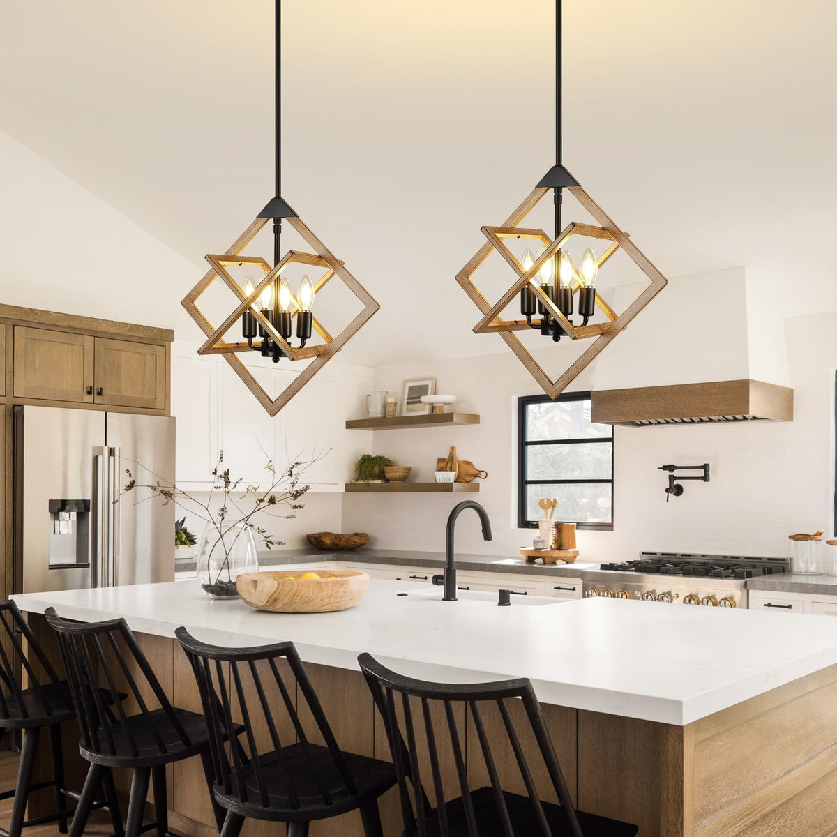 Modern Chandelier for Dining Room (Wood Grain-18"(No Assembly Required) / 4-Light)