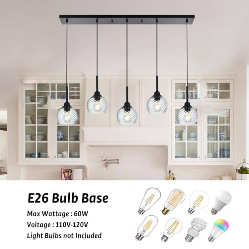 5 Light Kitchen Pendant Lighting Over Island with Striped Swirl Globe Glass (Transparent / 5-Light-Straight Bar)