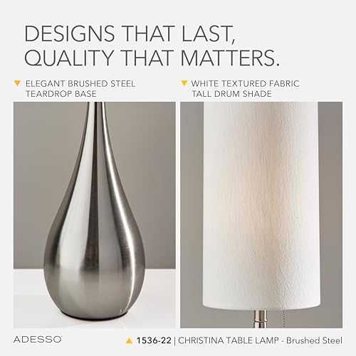 Brushed Steel Table Lamp with White Fabric Shade (Table Lamp)