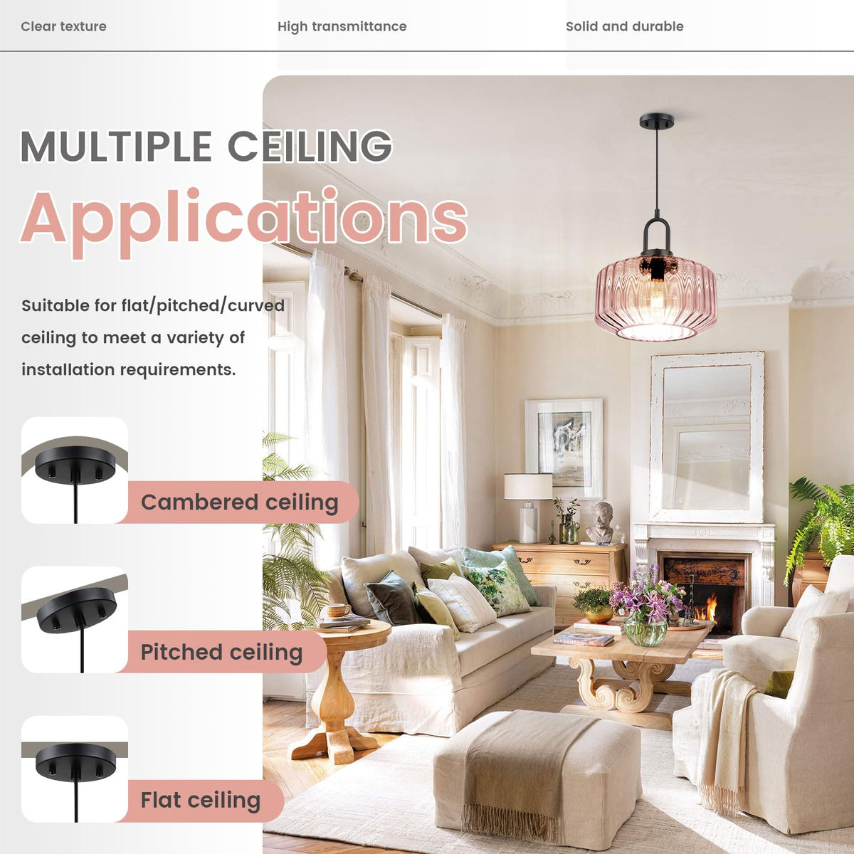 Pink Pendant Lights Fixture Mid Century Modern Pendant Lighting Large Glass Globe Shade Adjustable Cord Pendant Light Vintage Ceiling Hanging Lights for Dining Room Kitchen Island (Pink)