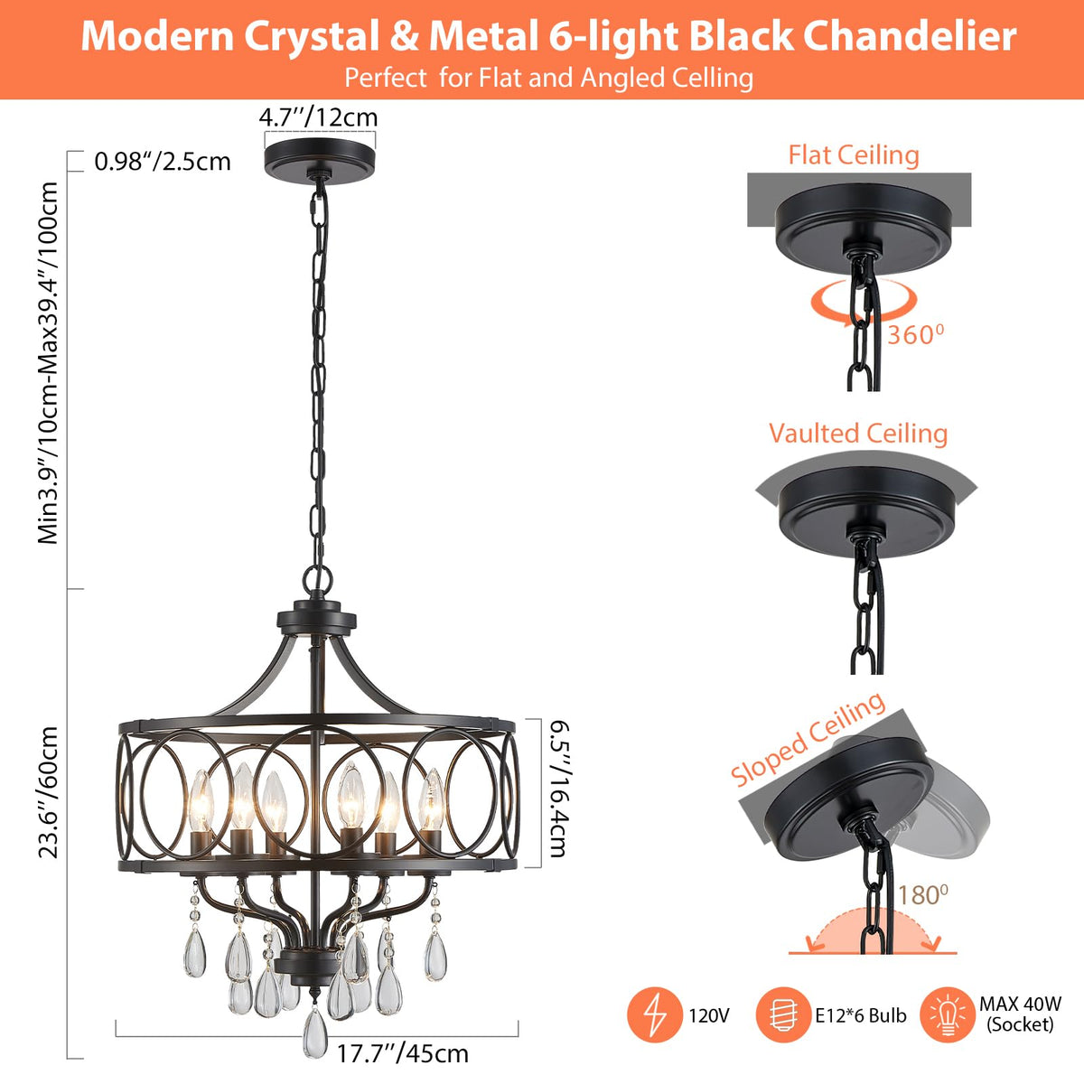 Modern Black Chandelier 17.7" Metal Crystal Pendant Lighting Fixture Hanging 6