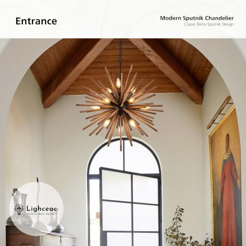 Farmhouse Sputnik Chandelier for Dining Room Rustic Handmade Natural Wood