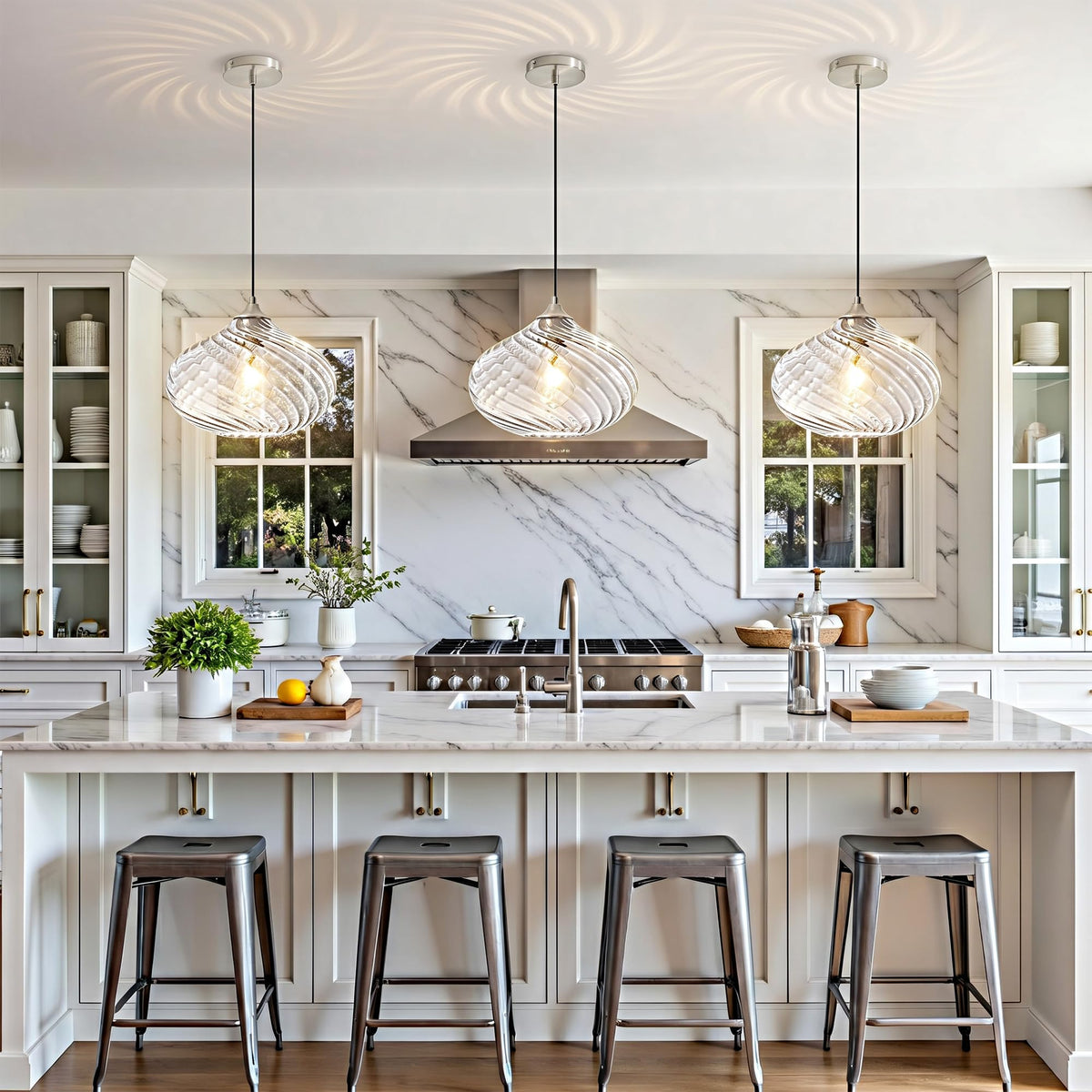 11in Nickel Pendant Lights Kitchen Island with Clear Glass Shade 2Pack (Nickel-Striped Clear Glass-2 Pack)