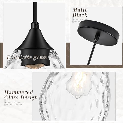 Black Glass Pendant Lights Kitchen Island 6.3" Pendant Light Hammered Clear Glass 3 Pack Height Adjustable Modern Hanging Pendant Lights for Dining Room Bedroom Hallway Sink Bulbs Incl (Black, 3 PK / 6.3 Inch)