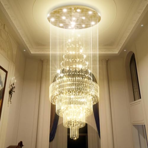 D32''XH100'' Modern Large Chandelier for High Ceiling Raindrop Crystal Chandelier High Ceiling Pendant Light Fixture for Hallway Living Room Gold Stairwell Chandeliers (Gold / D32"X H100")