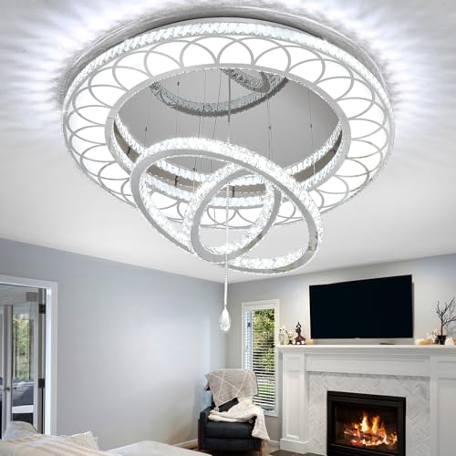W40 Crystal Chandelier for Living Room Modern Flush Mount Chandelier Large Chandelier for Foyer Dining Room Hallway Dimmable 2700k 4500k 6000k (Silver / W:40inches)