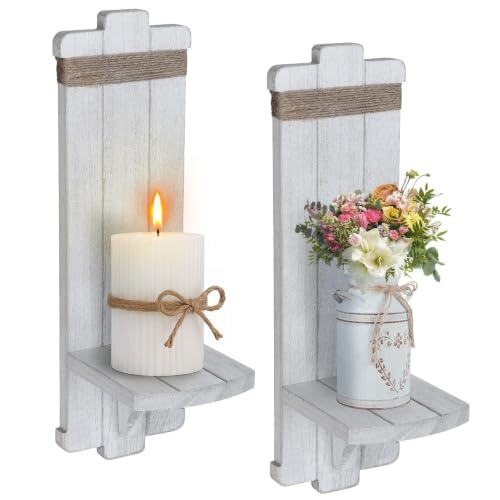 Handmade Wooden Candle Sconces Set of 2 Farmhouse Wall Decor (Grayish-white / 5.3"L x 4.7"W x 16"H)
