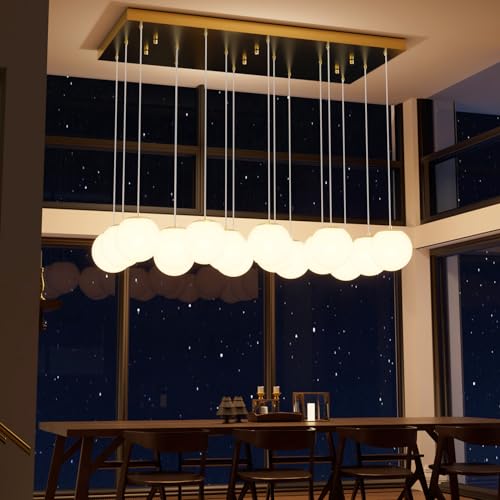 16 Light Gold Chandelier with White Globe Glass Dimmable Ceiling Light Glass Pendant Light for Kitchen Island (Gold-White / Rectangle 16-Light)