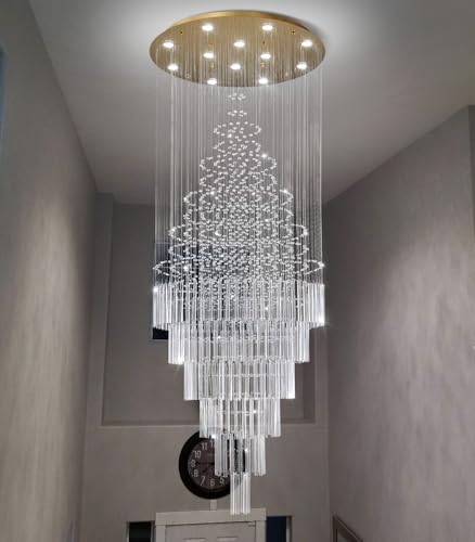 W32 x H100 Glam Chandelier with LED Bulbs Crystal Raindrop High Ceiling Pendant Light for Entrance Large Villa Chandelier Foyer Lighting Fixtures Gold (Gold / Round W32" X H100")