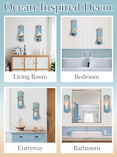 Handmade Wooden Candle Sconces Set of 2 Farmhouse Wall Decor (Blue / 5.3"L x 4.7"W x 16"H)