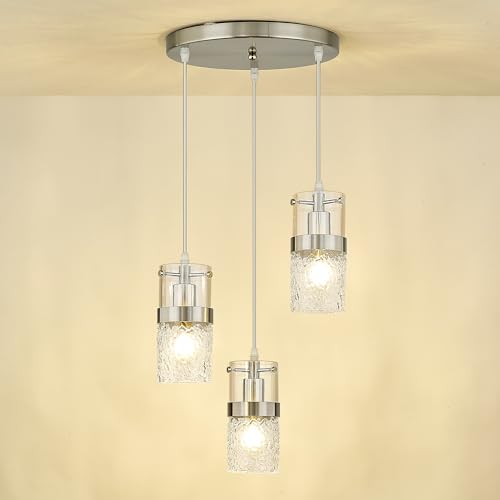 3 Light Brushed Nickel Cluster Pendant Light (Silver -Hammered Glass / 3.5" Hammered Glass, 3-Light)