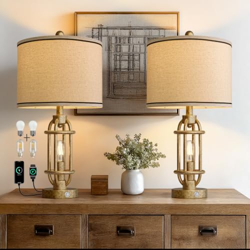 23.75'' Table Lamps Set of 2 for Living Room Bedroom Industrial Farmhouse Metal Touch Lamps with USB A+C Ports (23.75'' Champagne Gold - Set of 2)
