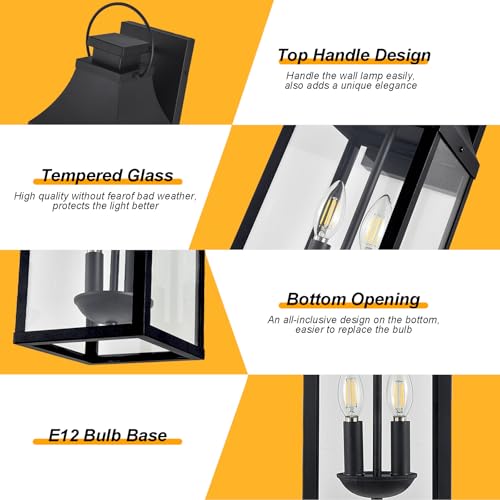 2-Pack 20-Inch Outdoor Wall Sconces, Black 2-Light Lanterns (No Sensor / 20 Inch)
