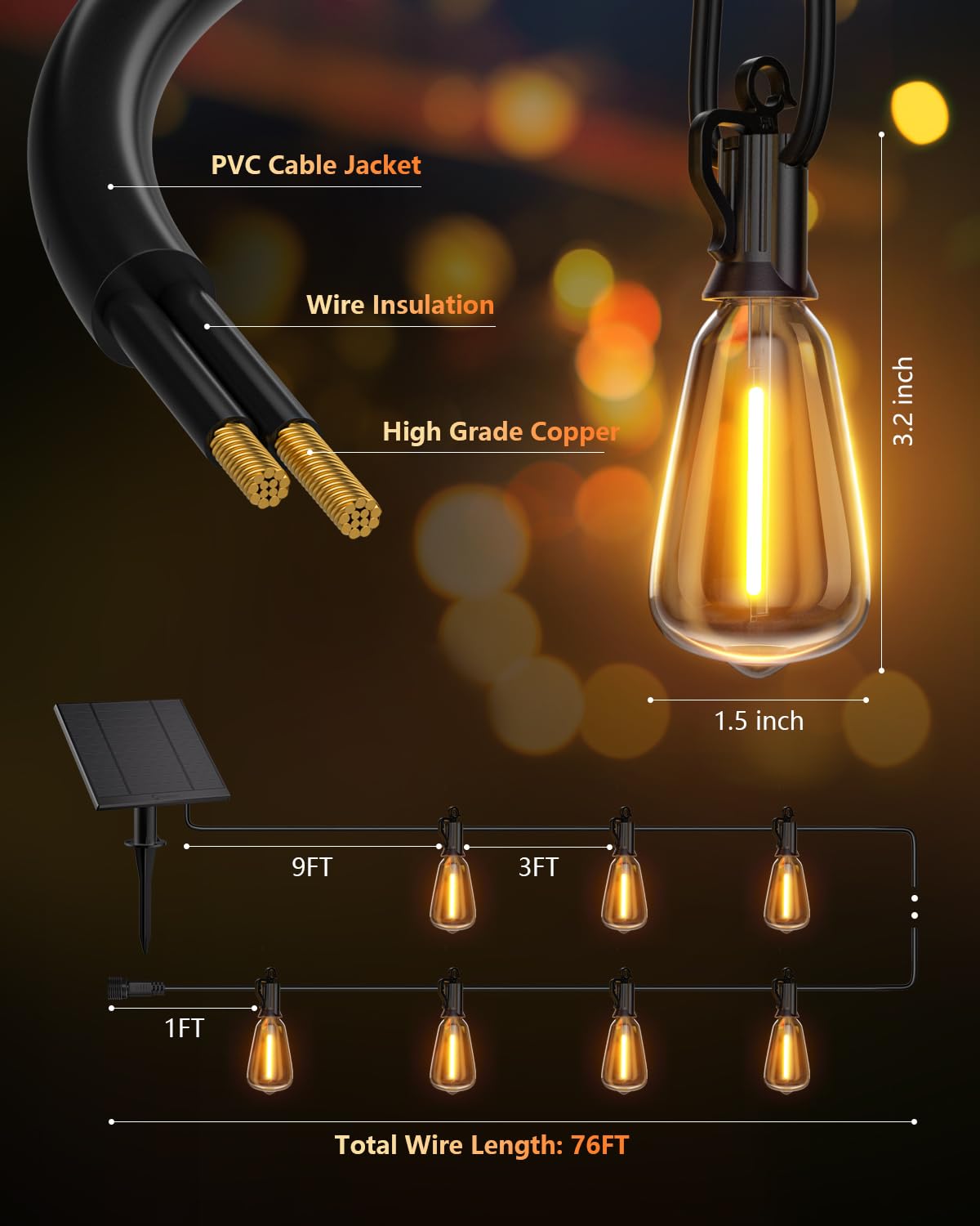 76FT Solar String Lights Outdoor (76FT(23+2 Sockets))