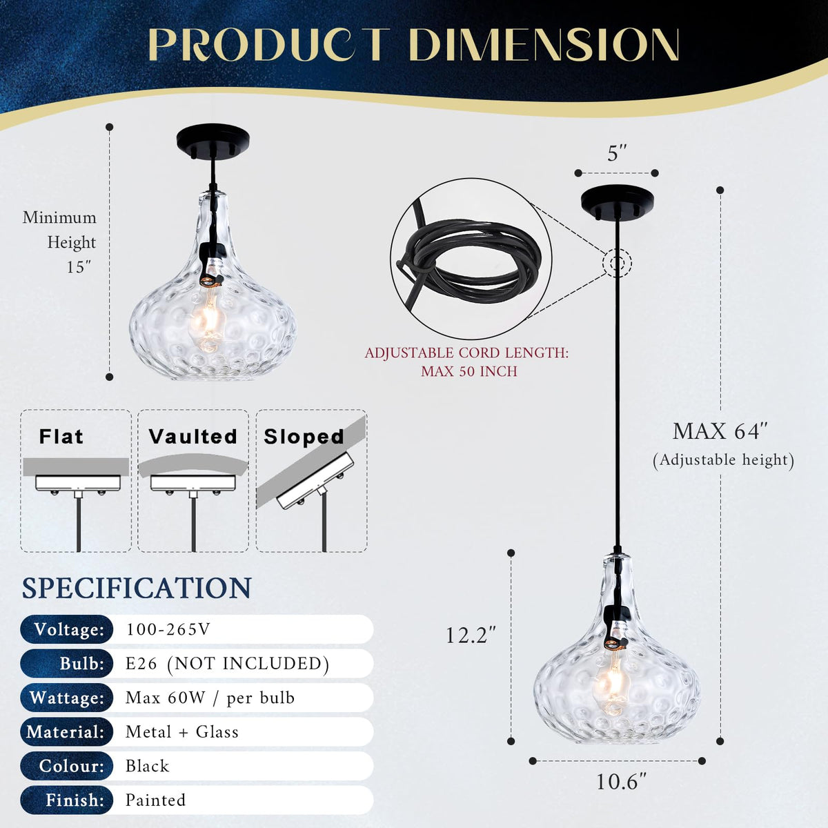 11" Black Hammered Glass Pendant Light (Black)