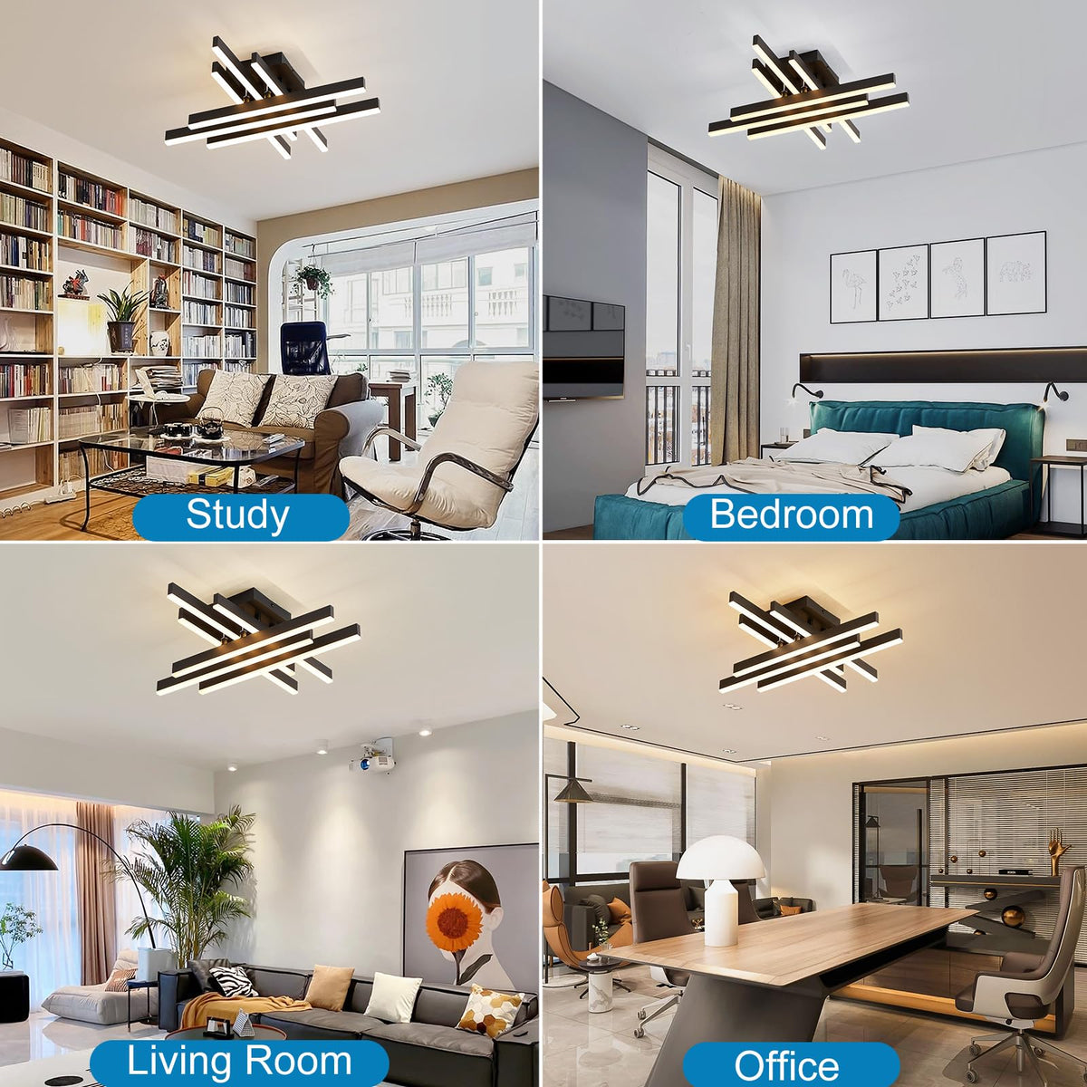 Modern LED Ceiling Light with Remote (6 Light-Square-Black)