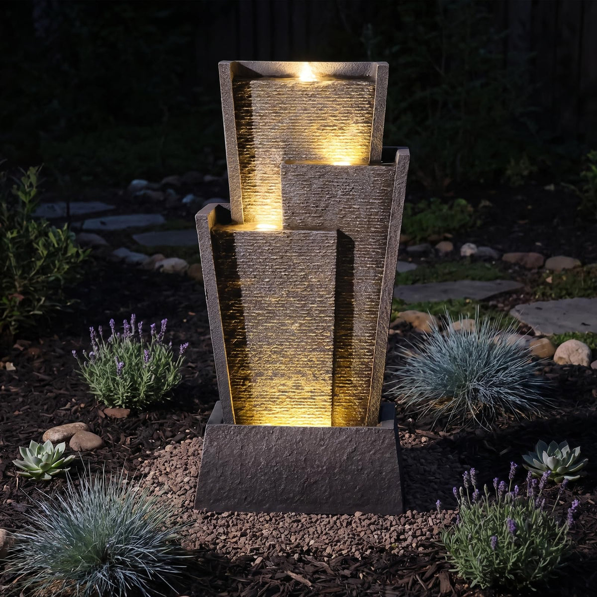 28H Modern Cascading Outdoor Water Fountain with Warm LED Light (28.3H)