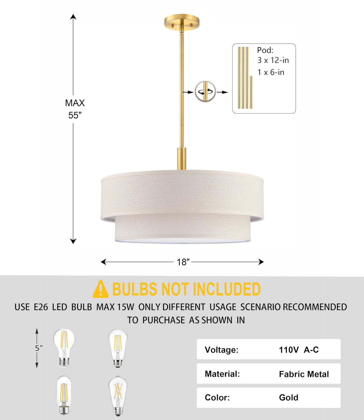 4 Light 18" Cream Fabric Shade Hanging Gold Farmhouse Pendant Light (Gold / 18")