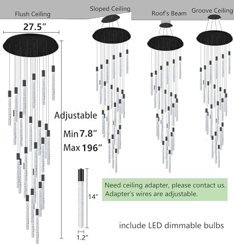16 Foot Chandeliers for Living Room Entryway High Ceiling Light Fixtures Sloped Flush Mount Ceiling Pendant Lighting Dimmable Chandelier with Remote LED Crystal Pendants Lighting Black Light (36 lights / Black)