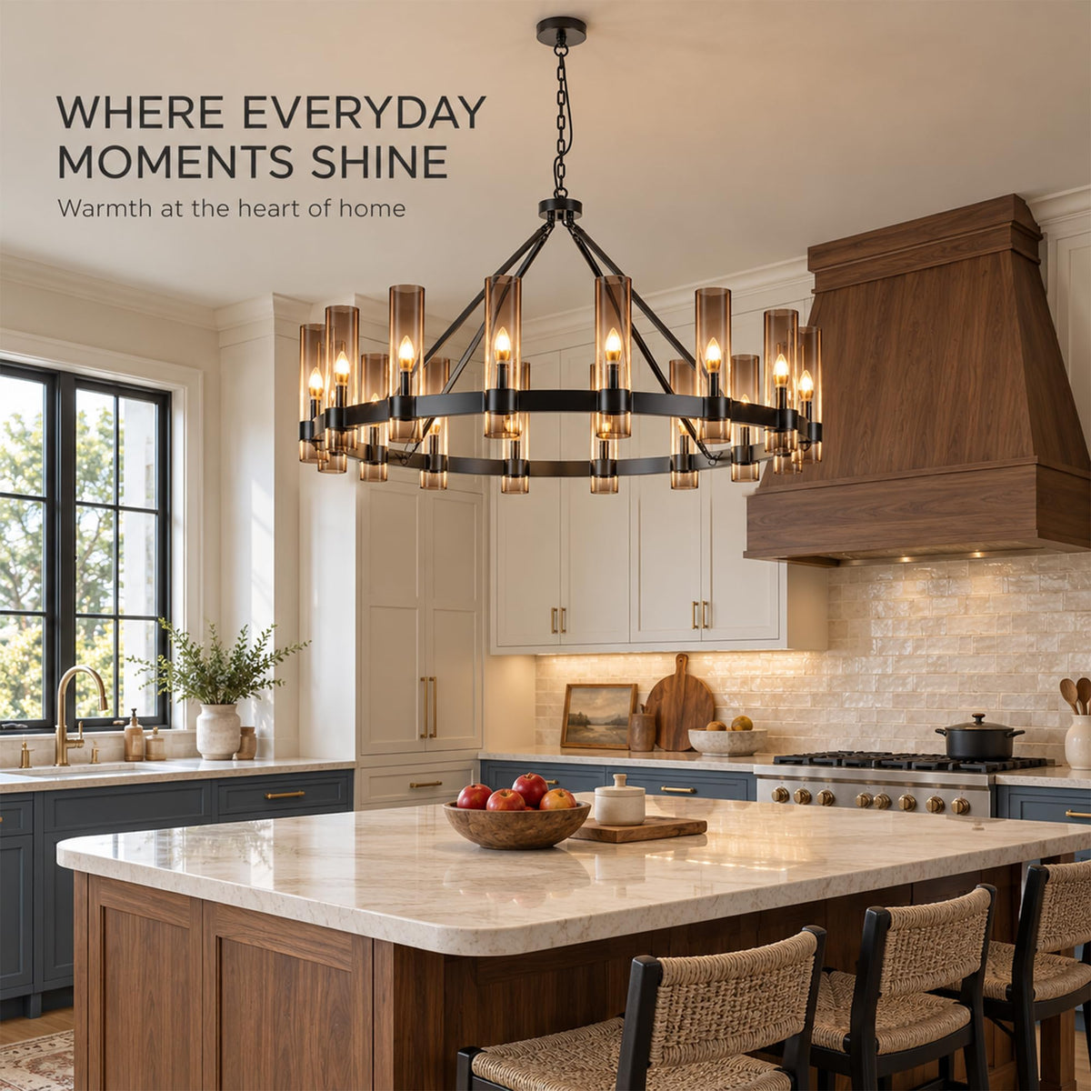 48 Inch Wagon Wheel Chandelier with Glass Shade (Black 48Inch 16Light B / 48IN-B)