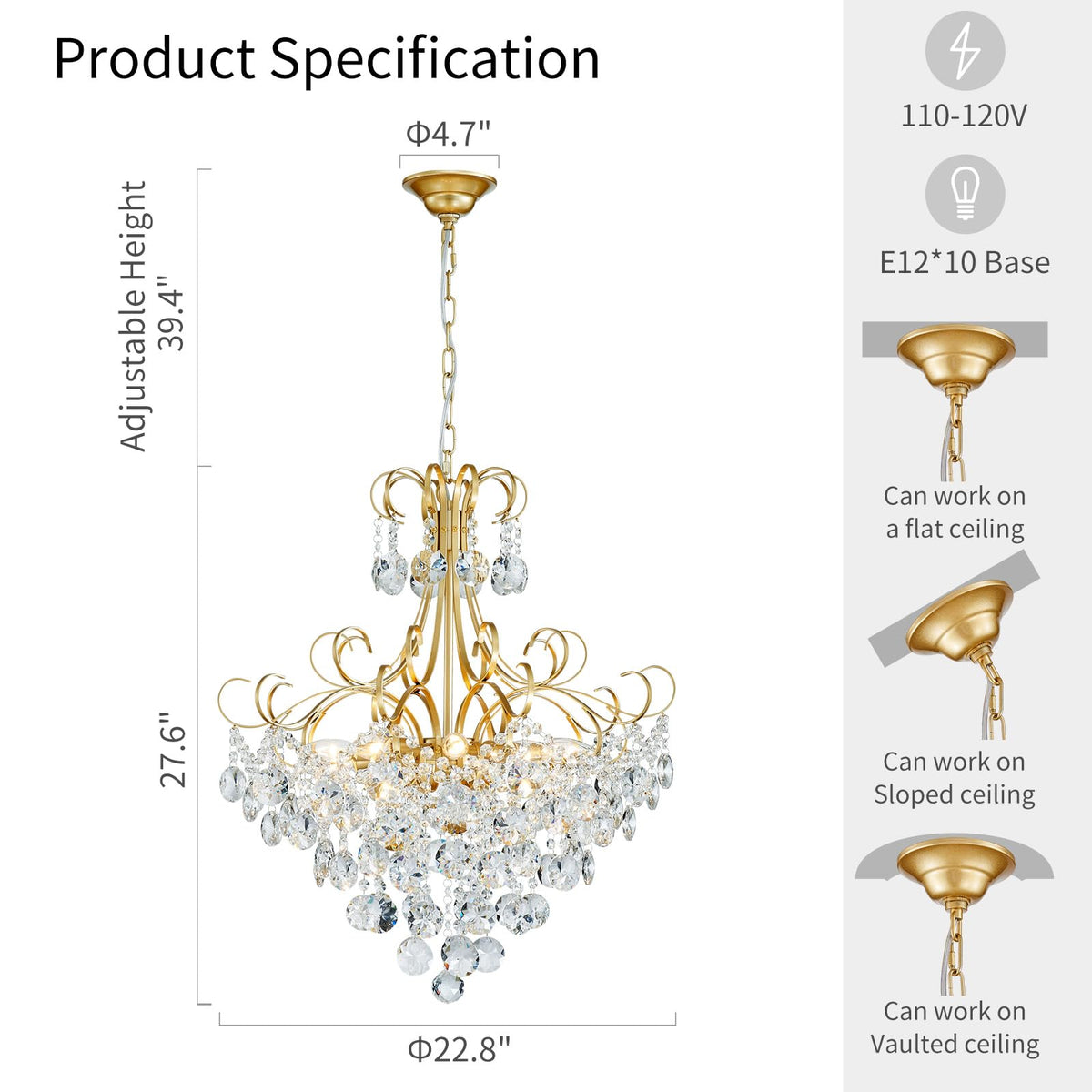 Crystal Chandelier (Gold / 28" High 23" Wide)