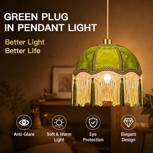 Plug in Pendant Light Fringe Hanging Lights with Plug in Cord Green Hanging Lamp Gold Mid Century Modern Vintage Dimmable Tassel Flower Retro Plug in Chandelier Ceiling Fixture Victorian Boho (Pendant Light-25)