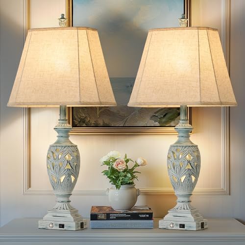 29.5" Touch Control Traditional Table Lamp Set of 2 with USB A+C (White Wash with Green Brush-1 / 29.5")