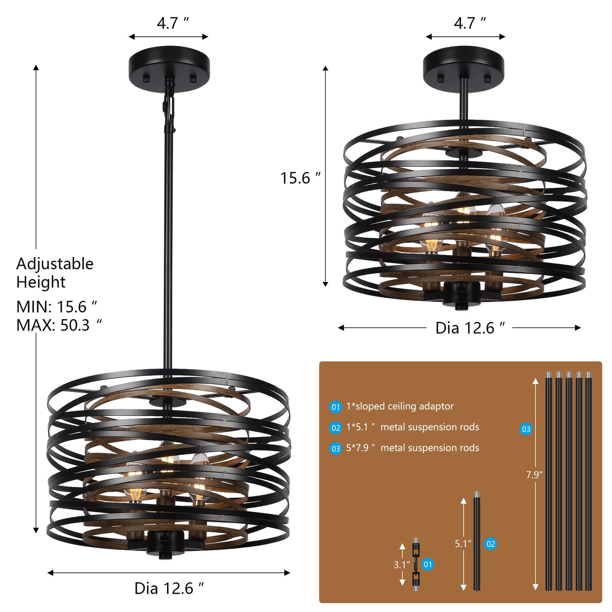 12.6'' Farmhouse Chandeliers for Dining Room (Black with Retro Wood Texture Interior / 12.6"/3-Light)
