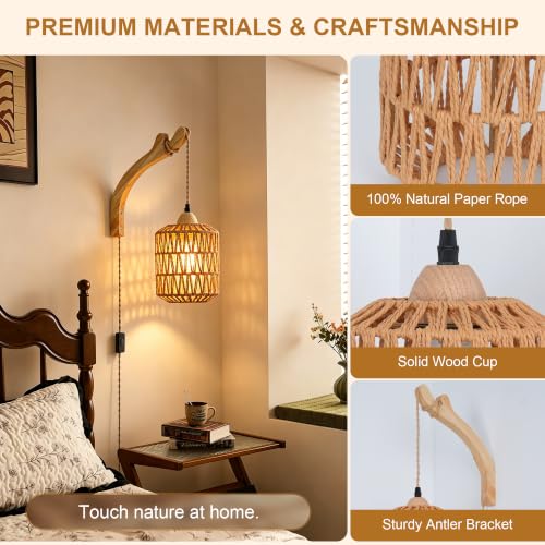 Frideko Plug in Wall Sconces Set of Two Hand Woven Lamp with Cord Rattan Lights Farmhouse Sconce Mounted Light Boho Lighting for Bedroom Living Room (Brown(2PC))