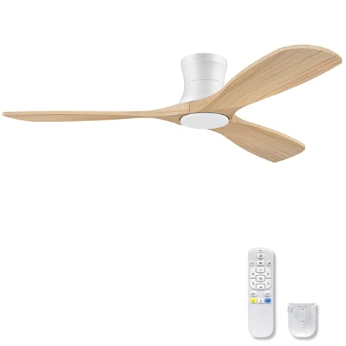 52Inch Wood Flush Mount Ceiling Fans with Lights Remote (Light Wood& White)