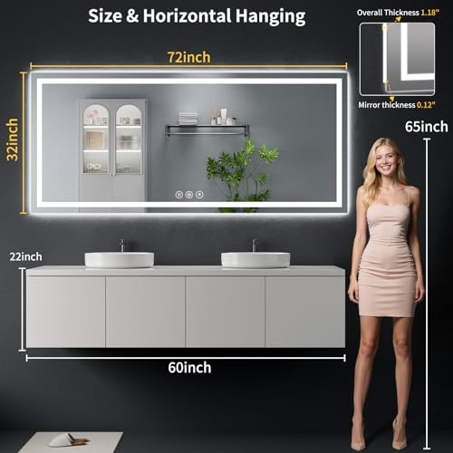 72"x32" LED Bathroom Mirror with Lights (Frontlit & Backlit / 72"L x 32"W)